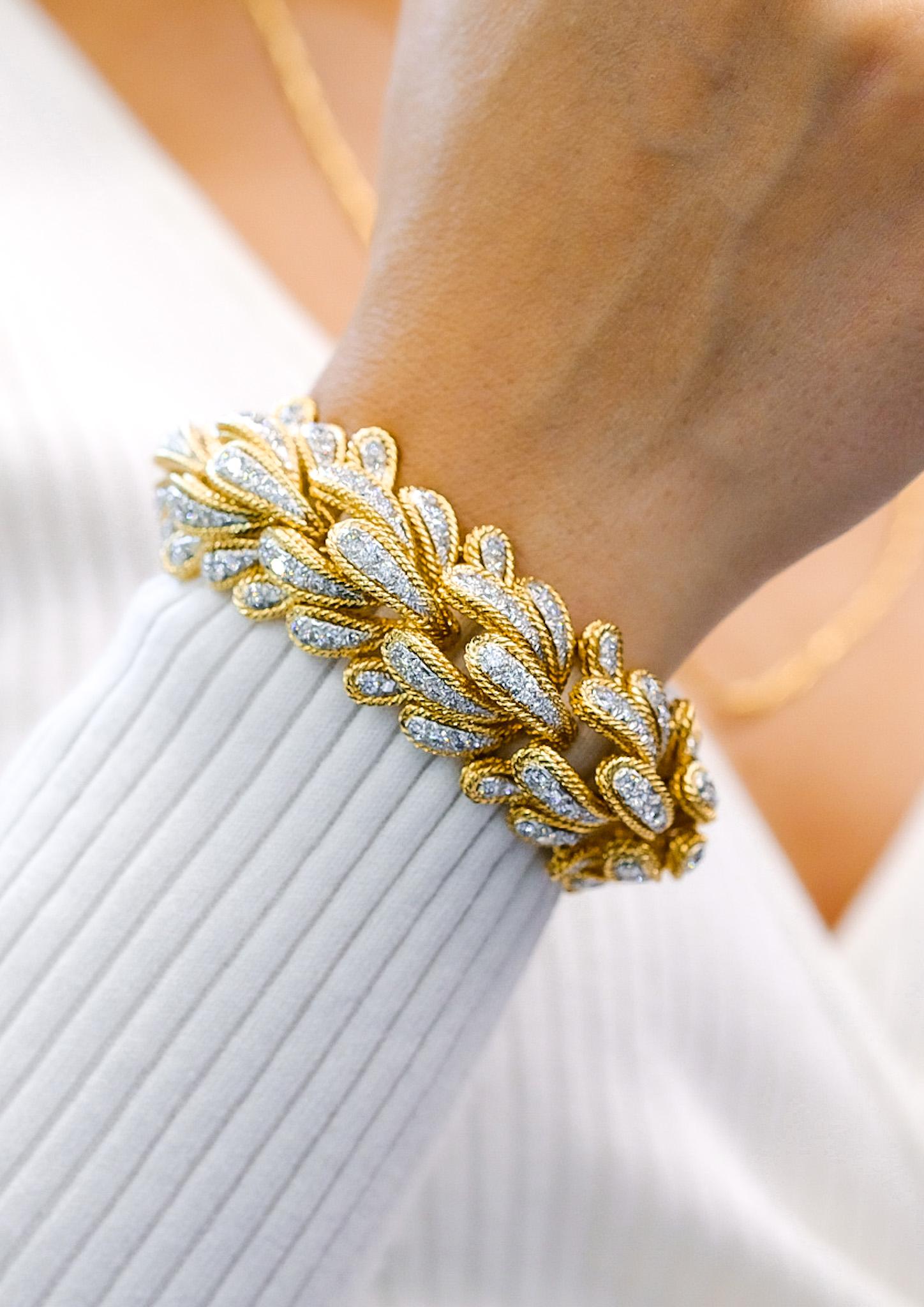 Women's David Webb 18k Yellow Gold and Platinum Diamond Bombe Bracelet For Sale