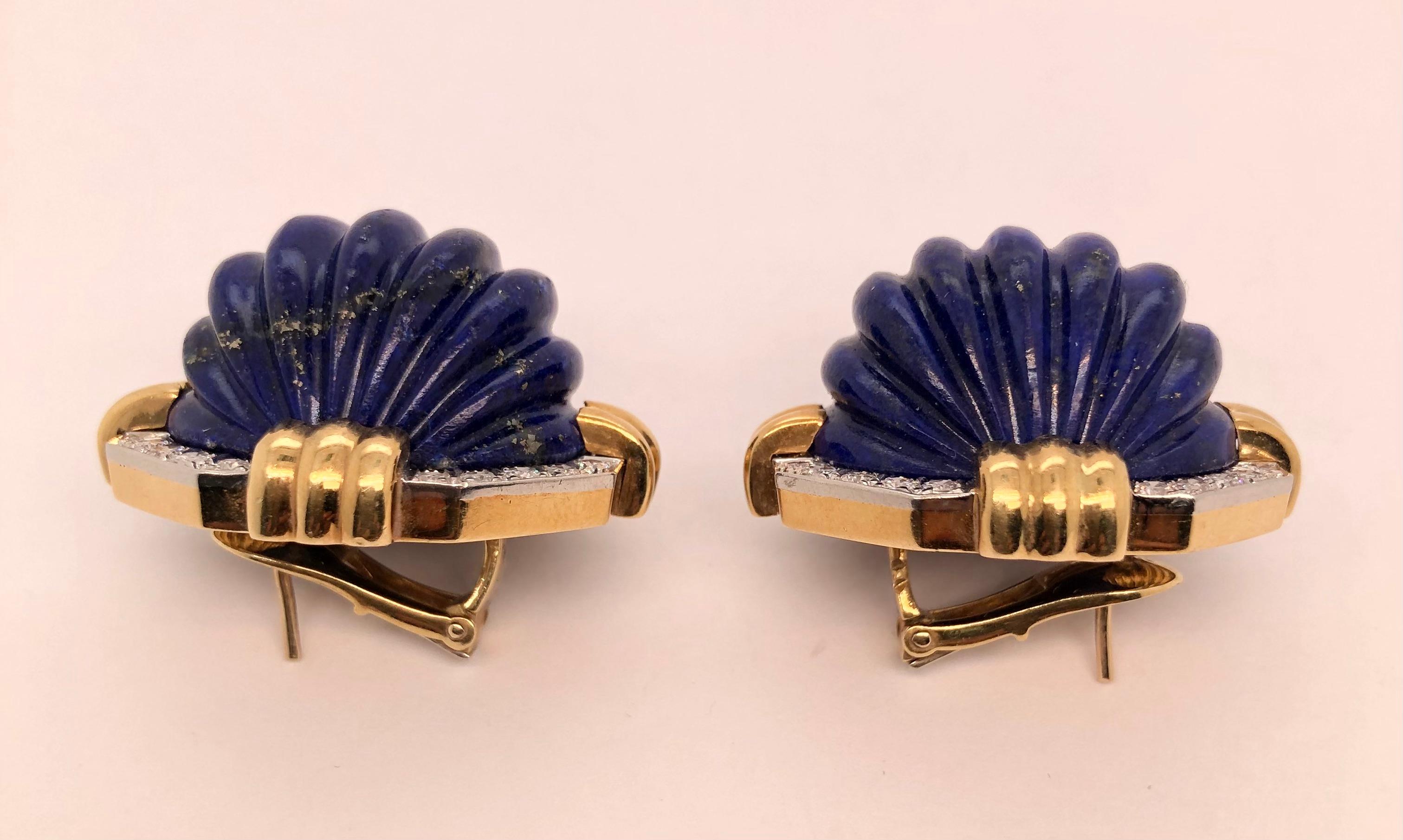 Round Cut David Webb 18K Yellow Gold and Platinum Diamond Carved Lapis Clip-on Earrings For Sale