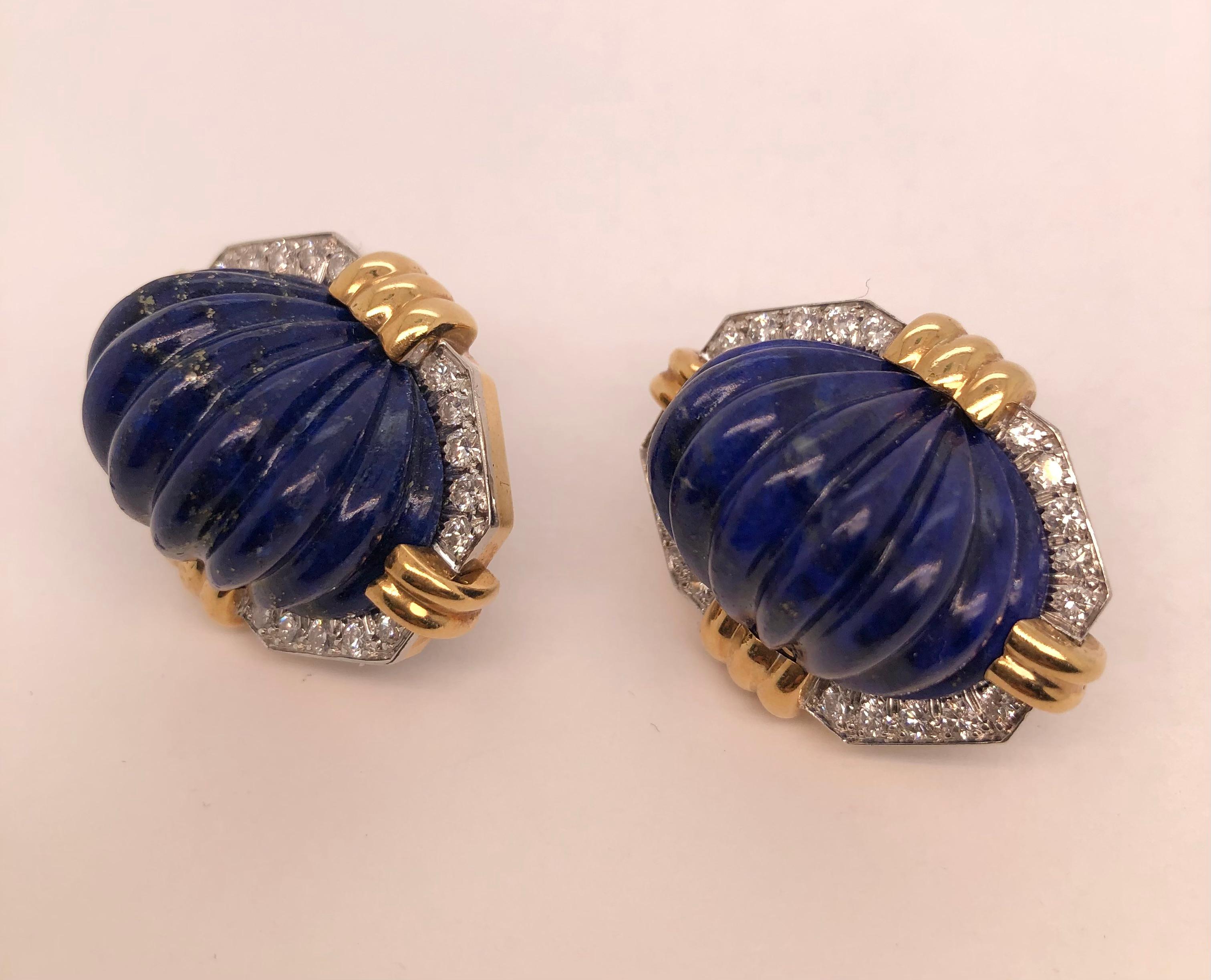 David Webb 18K Yellow Gold and Platinum Diamond Carved Lapis Clip-on Earrings In Good Condition For Sale In New York, NY