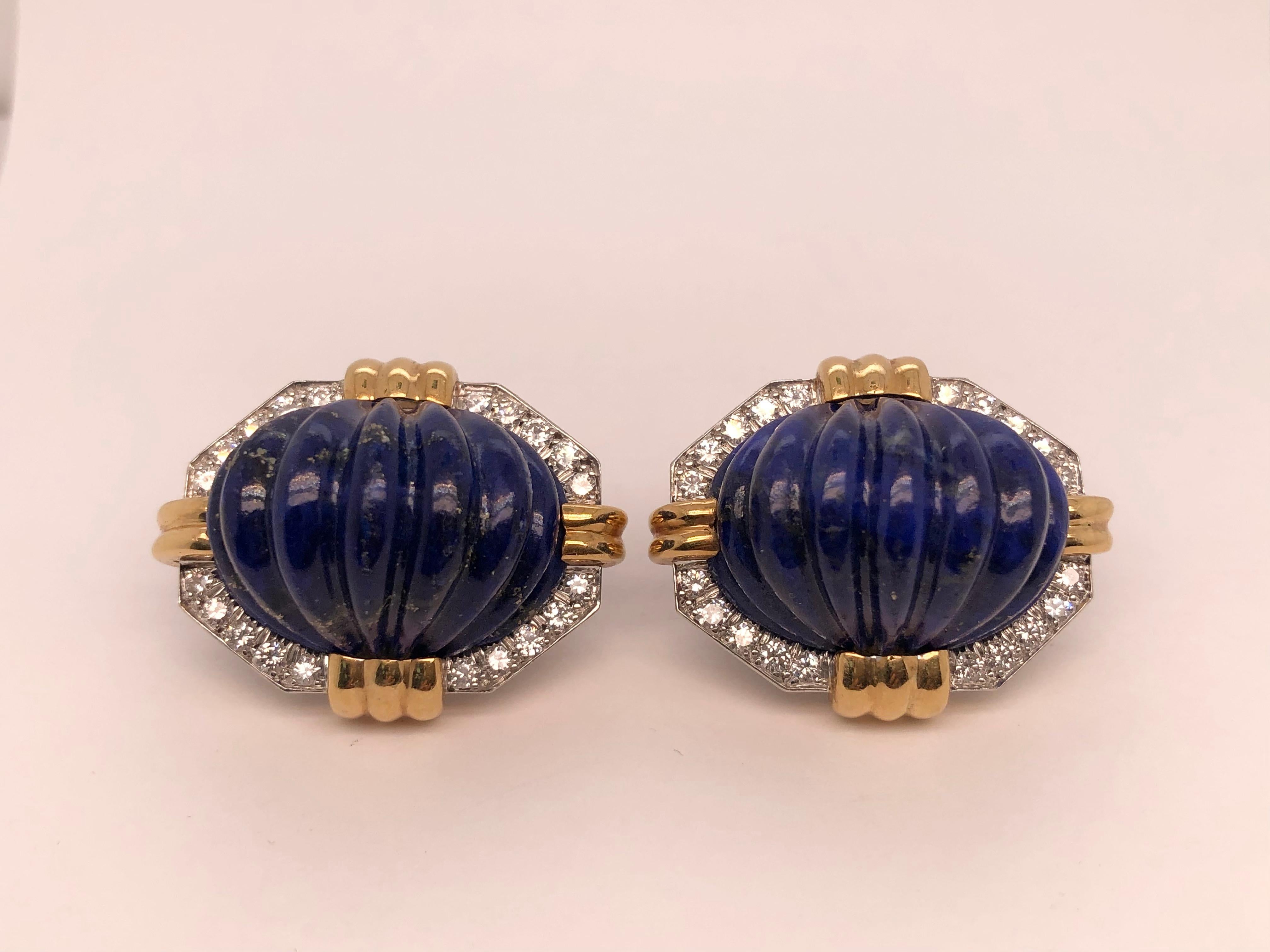 Women's David Webb 18K Yellow Gold and Platinum Diamond Carved Lapis Clip-on Earrings For Sale