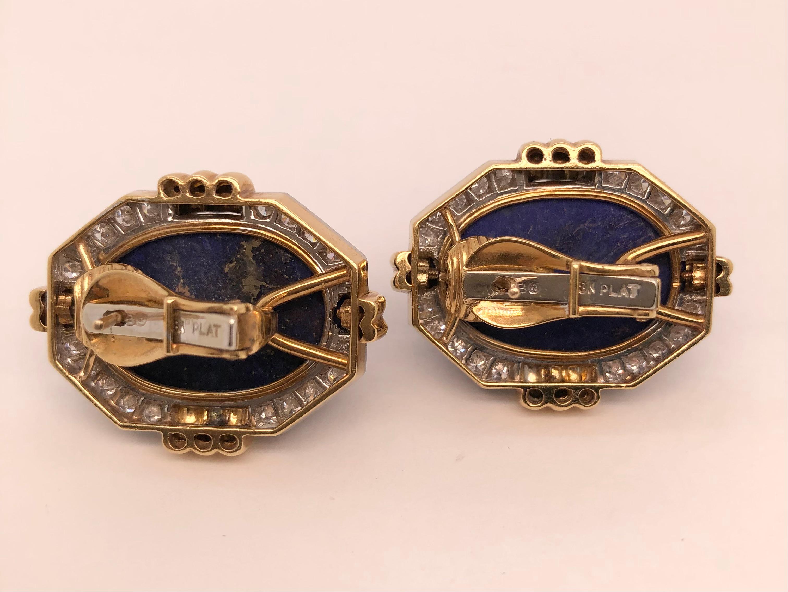 David Webb 18K Yellow Gold and Platinum Diamond Carved Lapis Clip-on Earrings For Sale 1