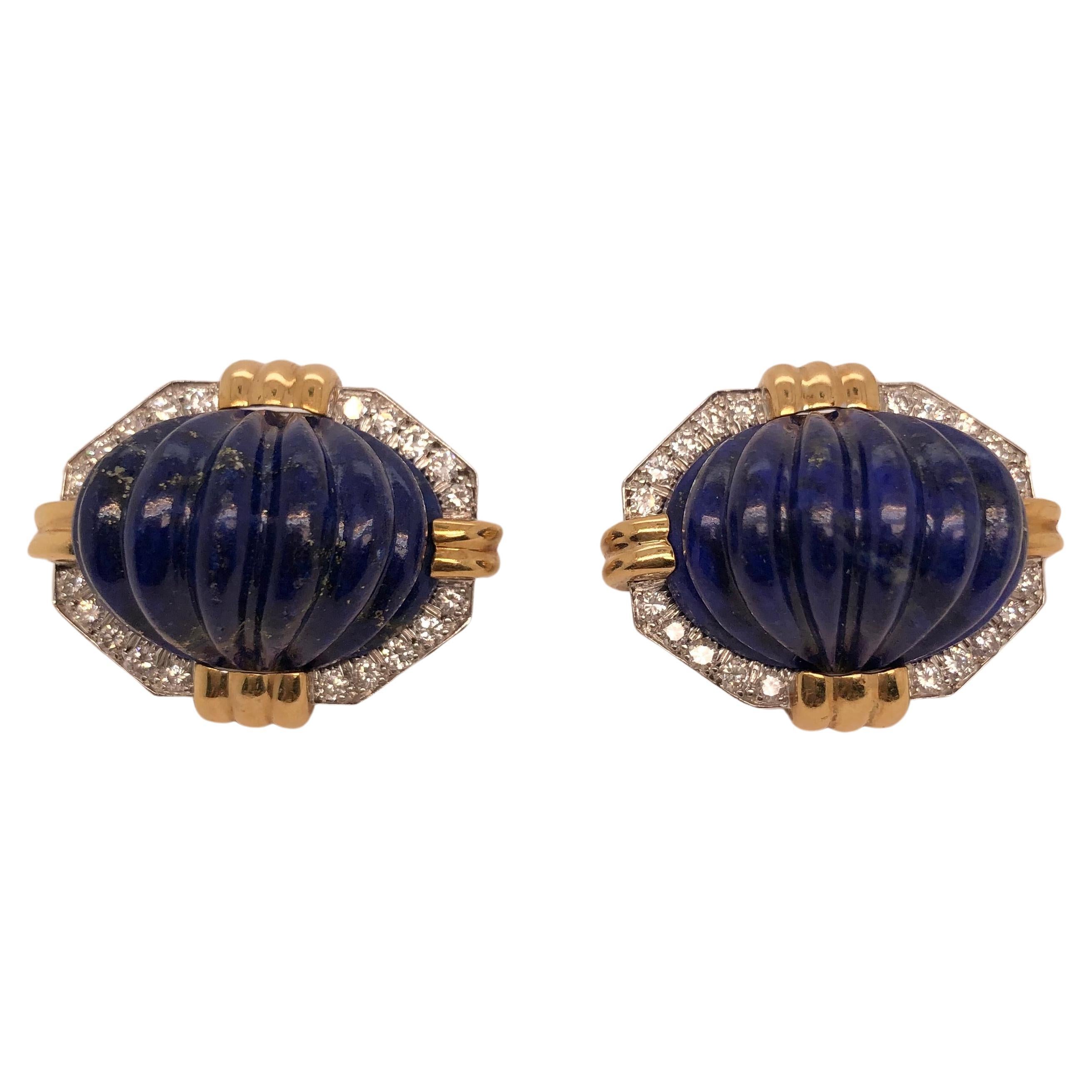 David Webb 18K Yellow Gold and Platinum Diamond Carved Lapis Clip-on Earrings For Sale