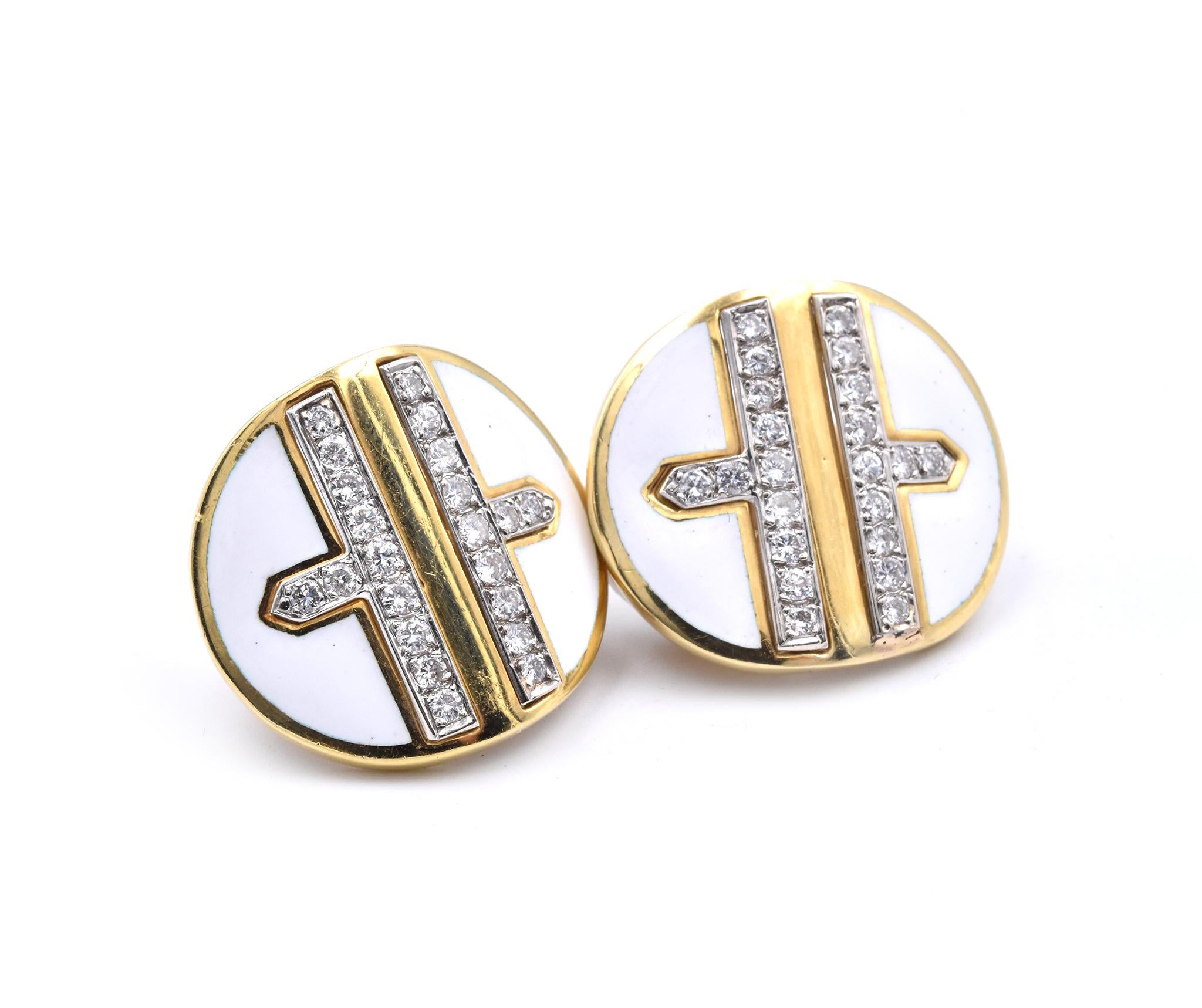 Designer: David Webb
Material: 18k yellow gold and platinum 
Diamonds: 44 round brilliant cuts = 2.00cttw
Color: F
Clarity: VS
Dimensions: earrings measure 25.55mm x 28.75mm
Weight: 31.7 grams
