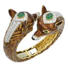 David Webb 18k Yellow Gold and Platinum Double Fox Green Emerald Diamond Cuff