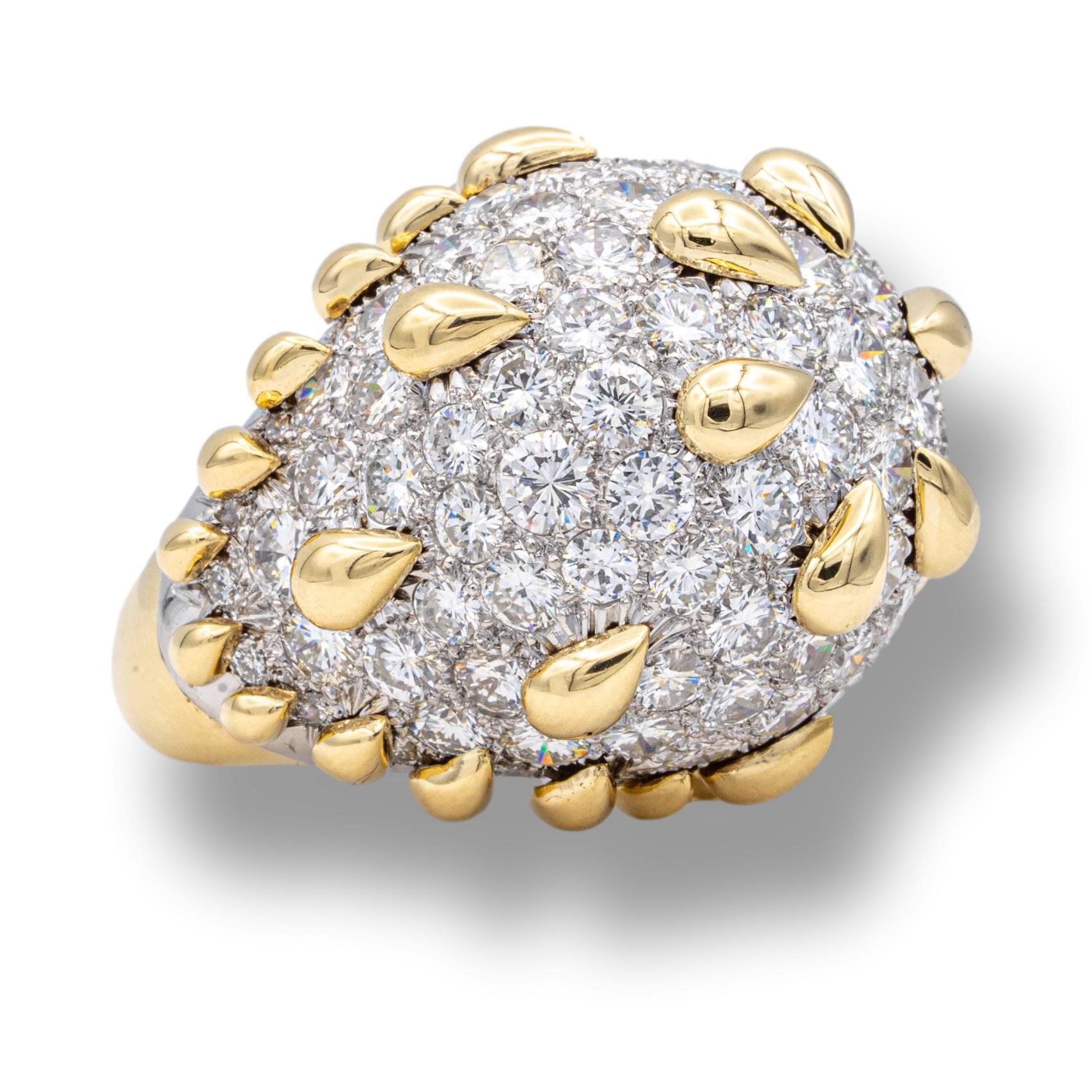 Round Cut David Webb 18K Yellow Gold and Platinum Pave Diamond Dome Cocktail Ring