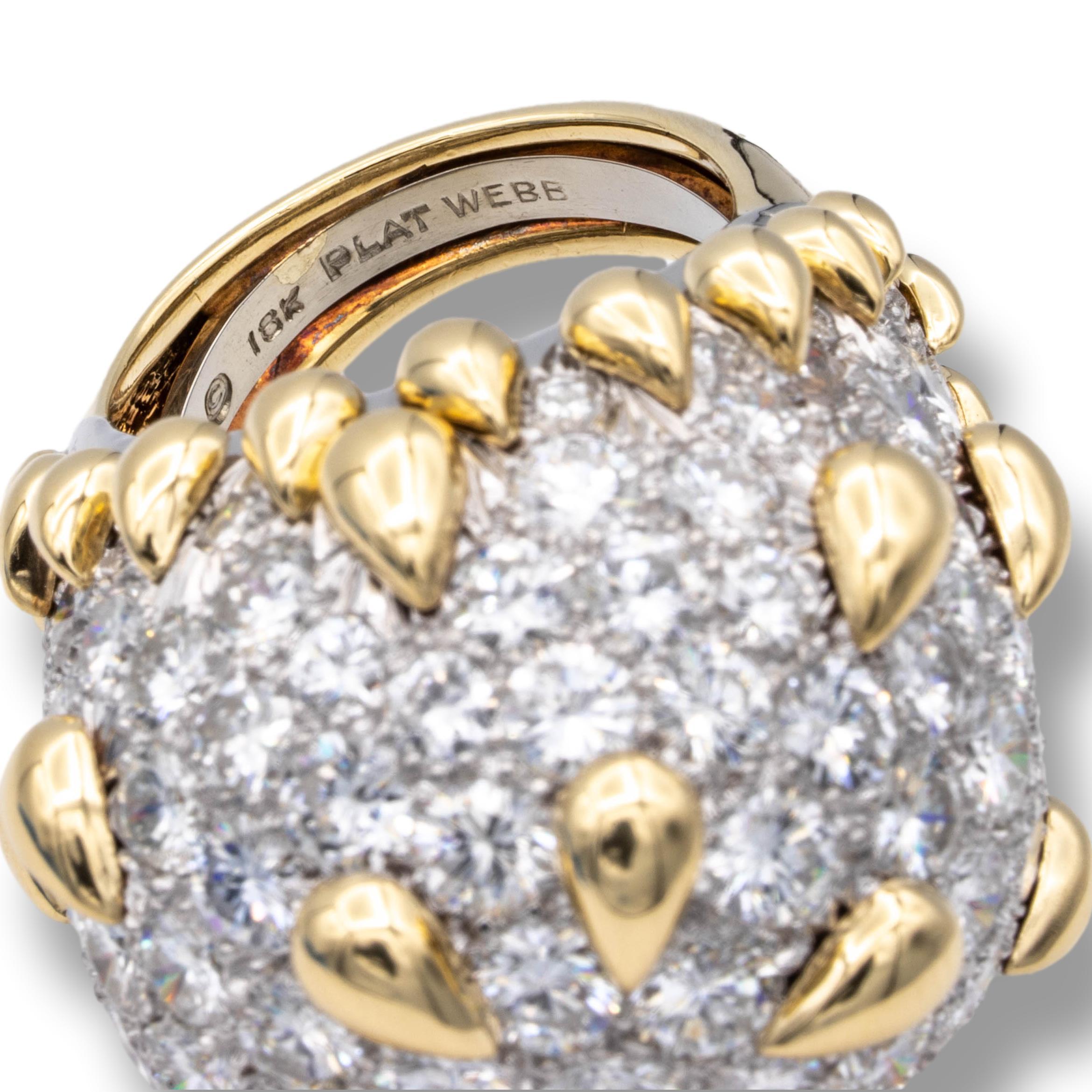 David Webb 18K Yellow Gold and Platinum Pave Diamond Dome Cocktail Ring In Excellent Condition In New York, NY