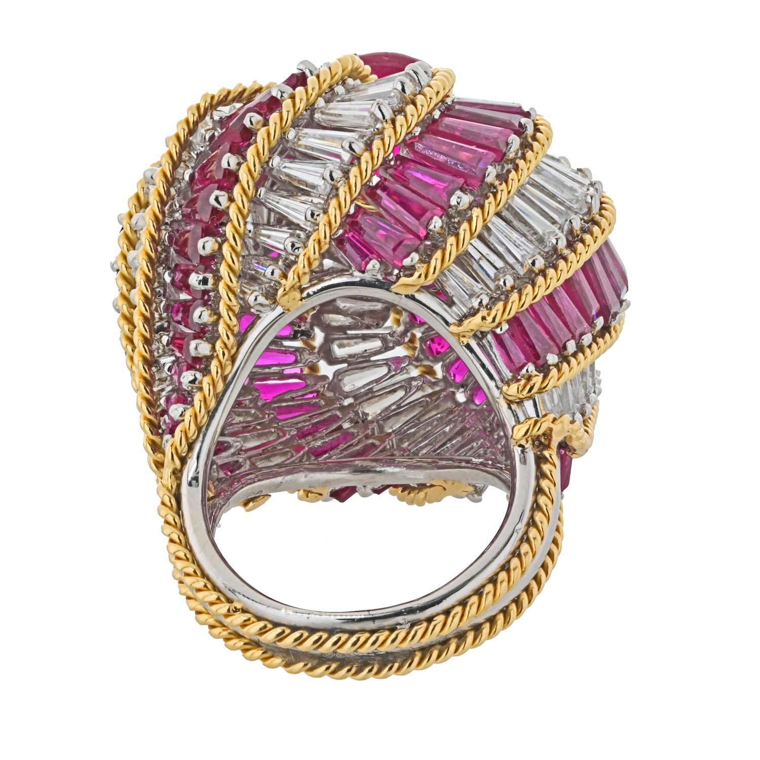 David Webb 18K Yellow Gold And Platinum Ruby Diamond Turban Ring In Excellent Condition For Sale In New York, NY