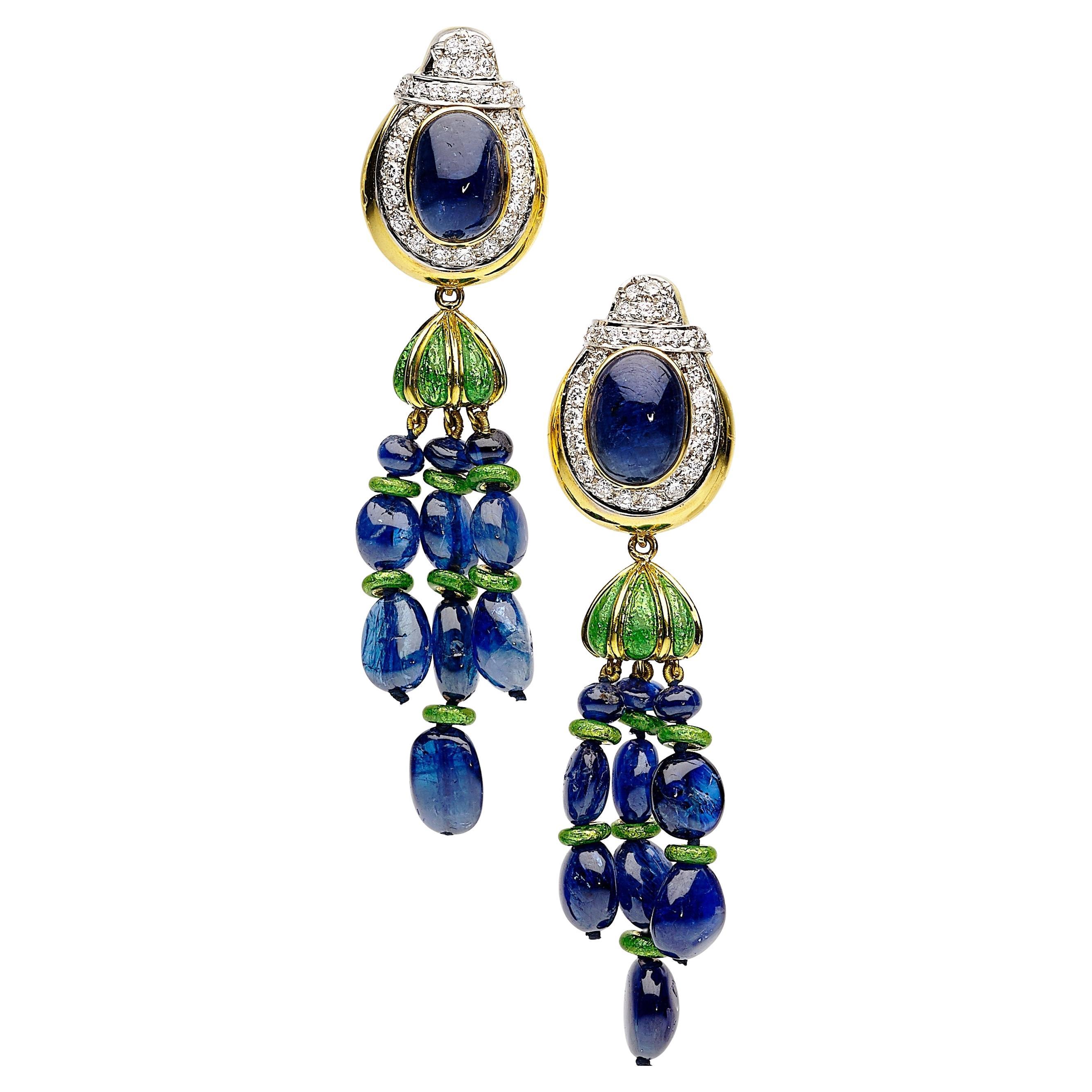David Webb 18k Yellow Gold and Platinum Sapphire Day/Night Drop Earrings For Sale