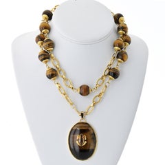 David Webb 18K Yellow Gold And Tiger Eye Station Pendant Bead Necklace