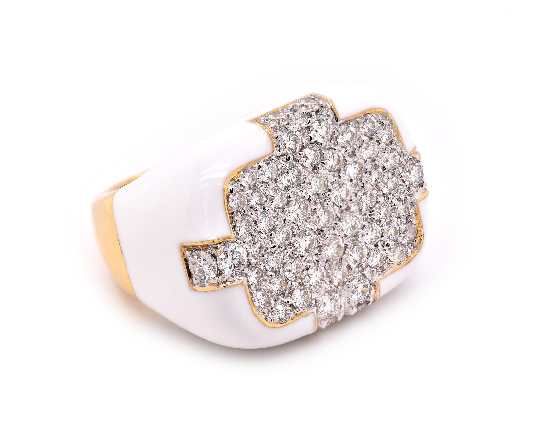 Designer: David Webb
Material: 18k yellow gold and white enamel
Diamonds: 60 round brilliant cuts = 1.75cttw
Color: G
Clarity: VS
Dimensions: ring top measures 19.10mm x 25.10mm
Weight: 16.9 grams
195-523
