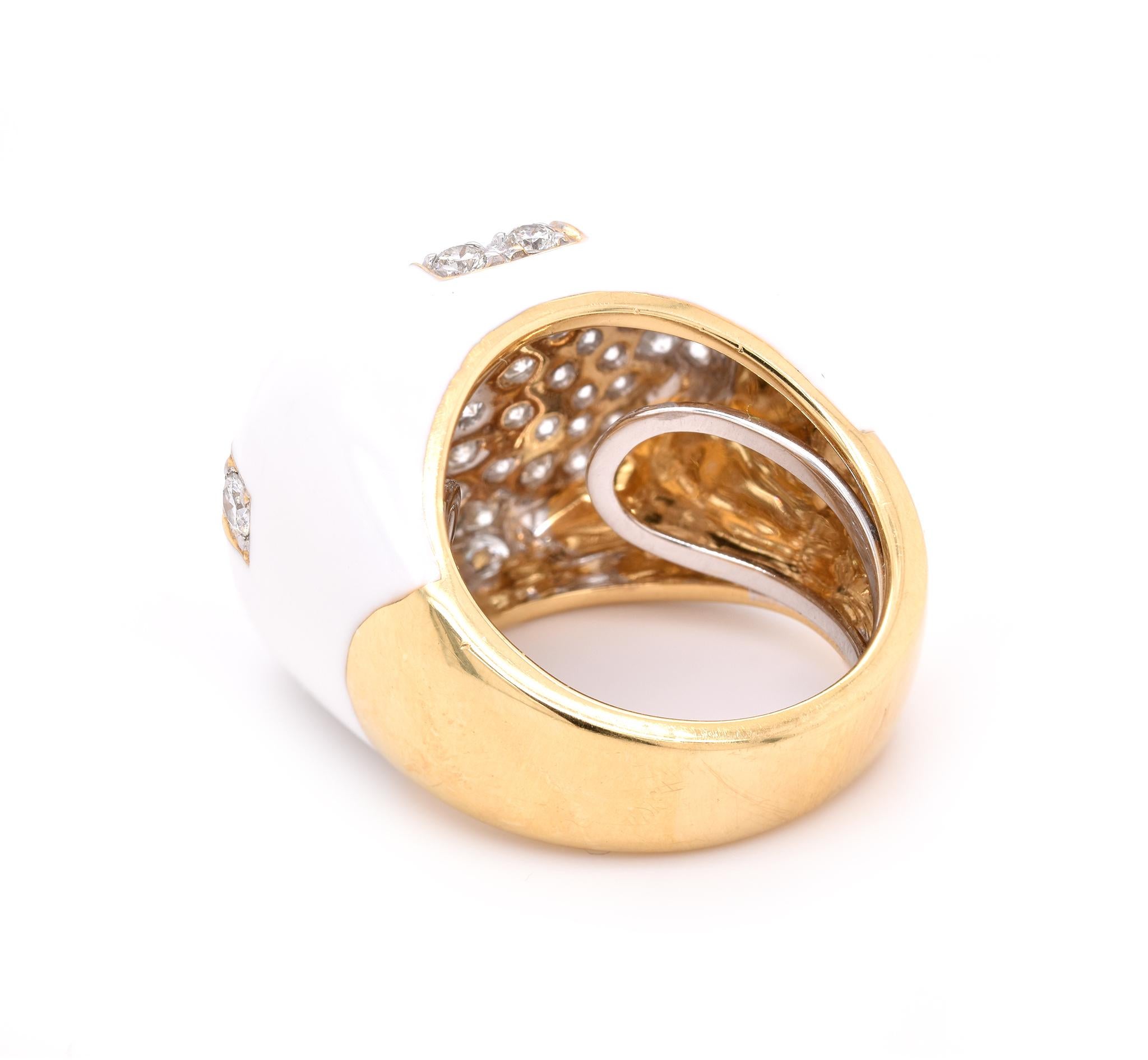 David Webb 18 Karat Yellow Gold and White Enamel Diamond Pave Ring In Excellent Condition In Scottsdale, AZ