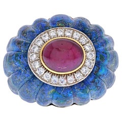 David Webb 18K Yellow Gold Azure-Malachite, Ruby, Diamond Ring