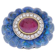 Used David Webb 18K Yellow Gold Azure-Malachite, Ruby, Diamond Ring