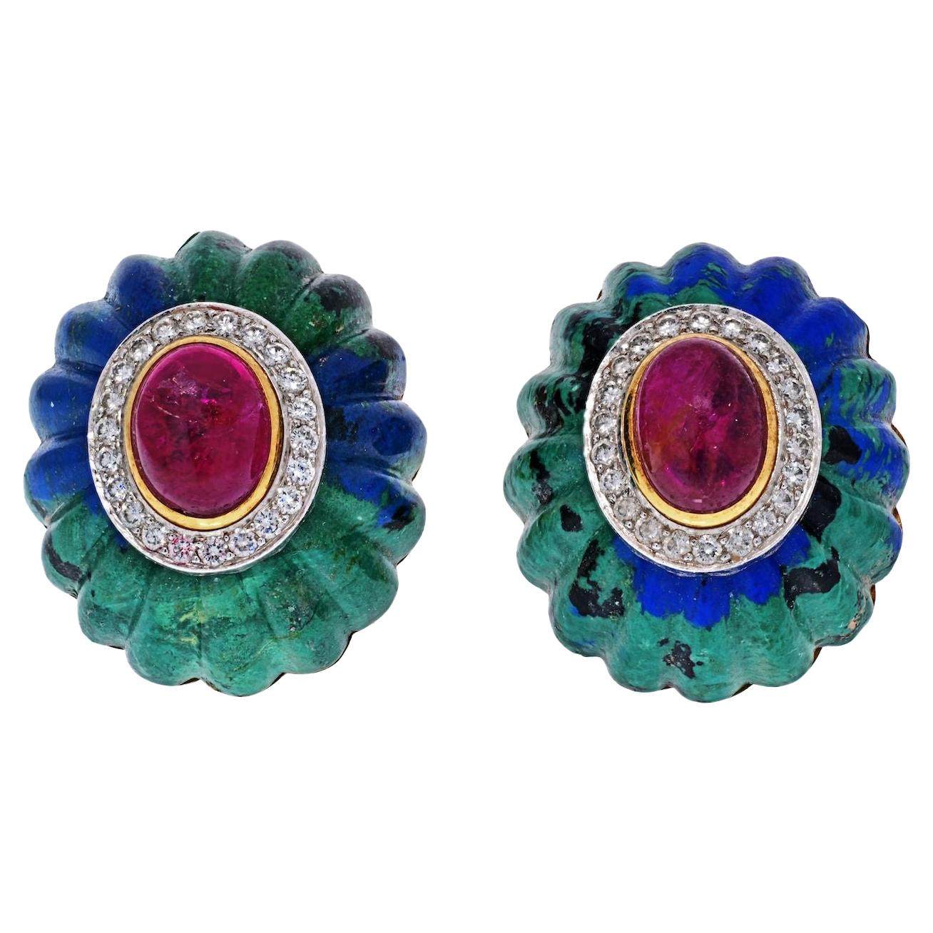 David Webb, boucles d'oreilles en or jaune 18 carats, azurite malachite, rubis et diamants