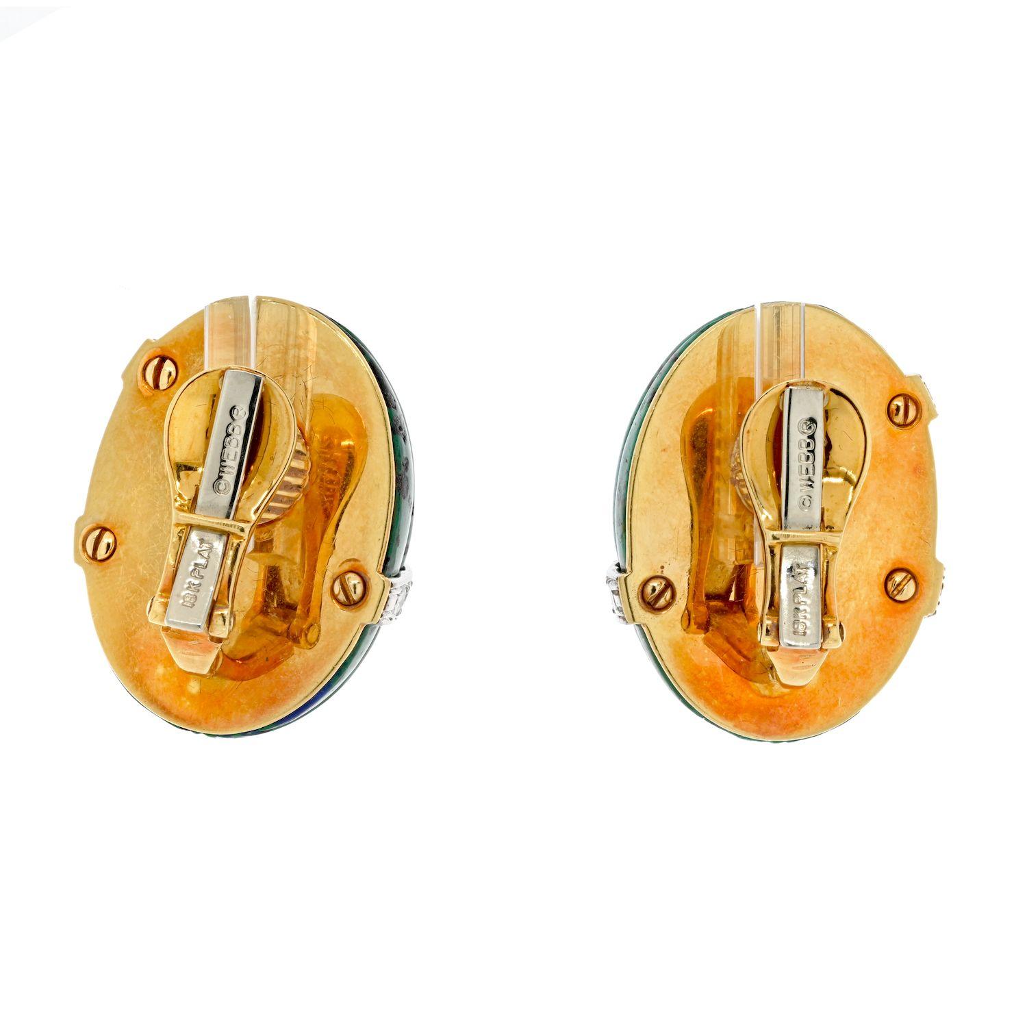 Modern David Webb 18K Yellow Gold Azurmalachite and Diamond Bombe Fluted Clip Earrings For Sale