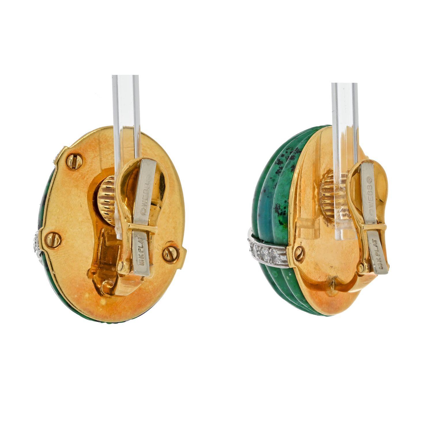 Round Cut David Webb 18K Yellow Gold Azurmalachite and Diamond Bombe Fluted Clip Earrings For Sale