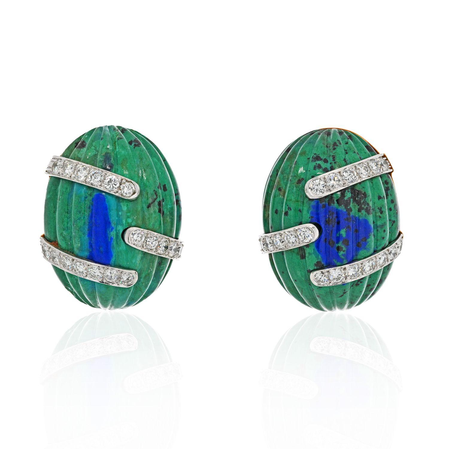 David Webb 18K Yellow Gold Azurmalachite and Diamond Bombe Fluted Clip Earrings In Excellent Condition For Sale In New York, NY