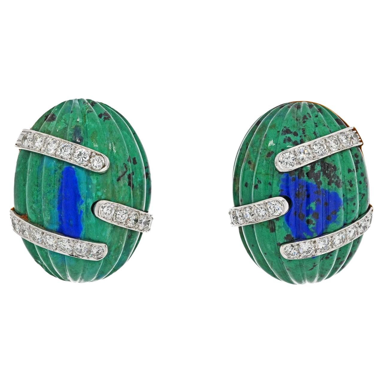 David Webb 18K Yellow Gold Azurmalachite and Diamond Bombe Fluted Clip Earrings