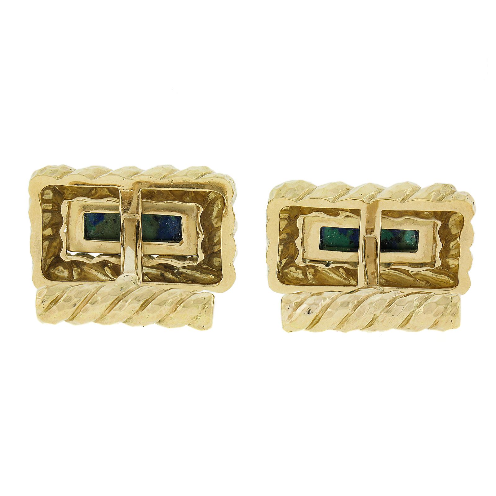David Webb 18k Yellow Gold & Azurmalachite Lassoed Cylinder Hammered Cuff Links In Excellent Condition For Sale In Montclair, NJ