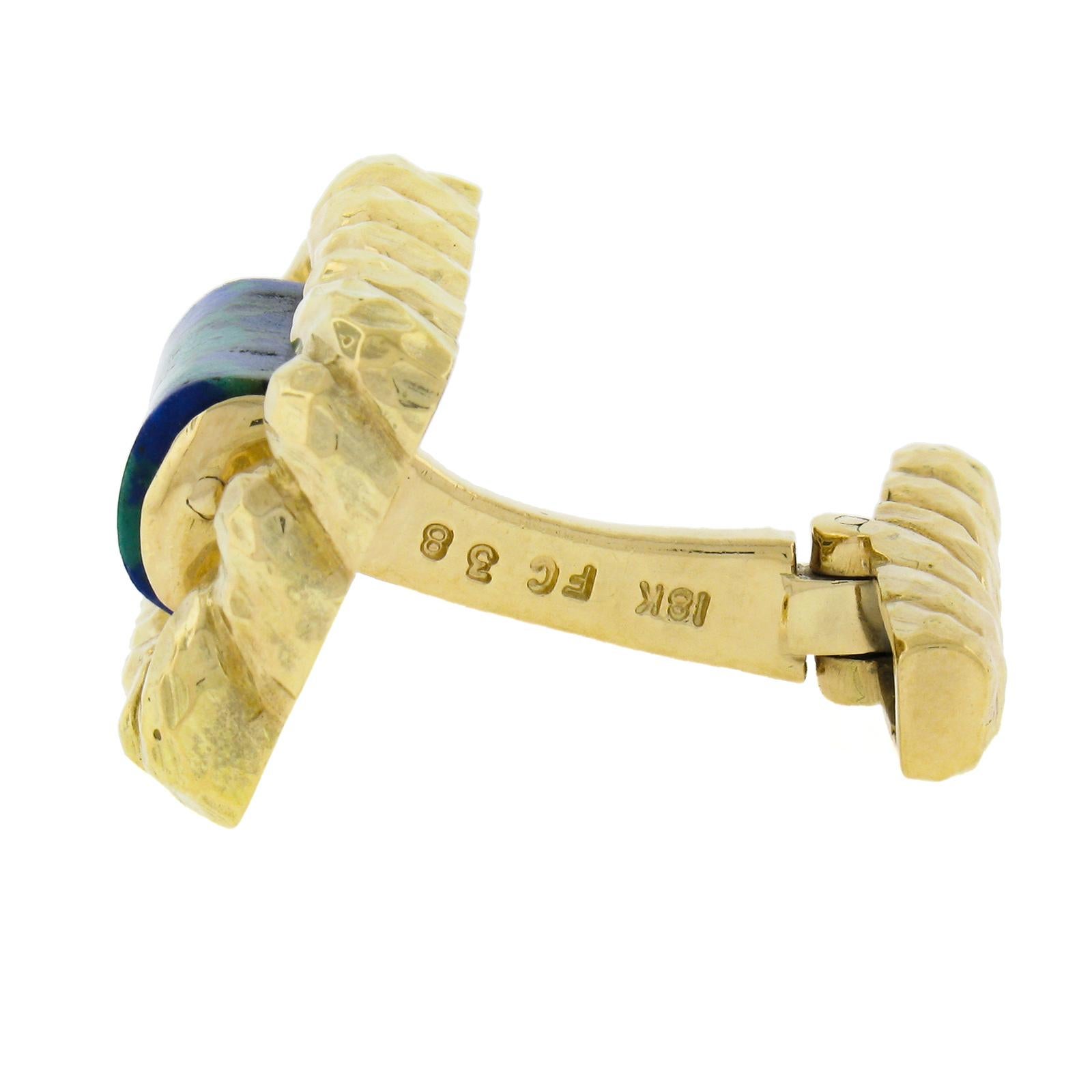 David Webb 18k Yellow Gold & Azurmalachite Lassoed Cylinder Hammered Cuff Links For Sale 2