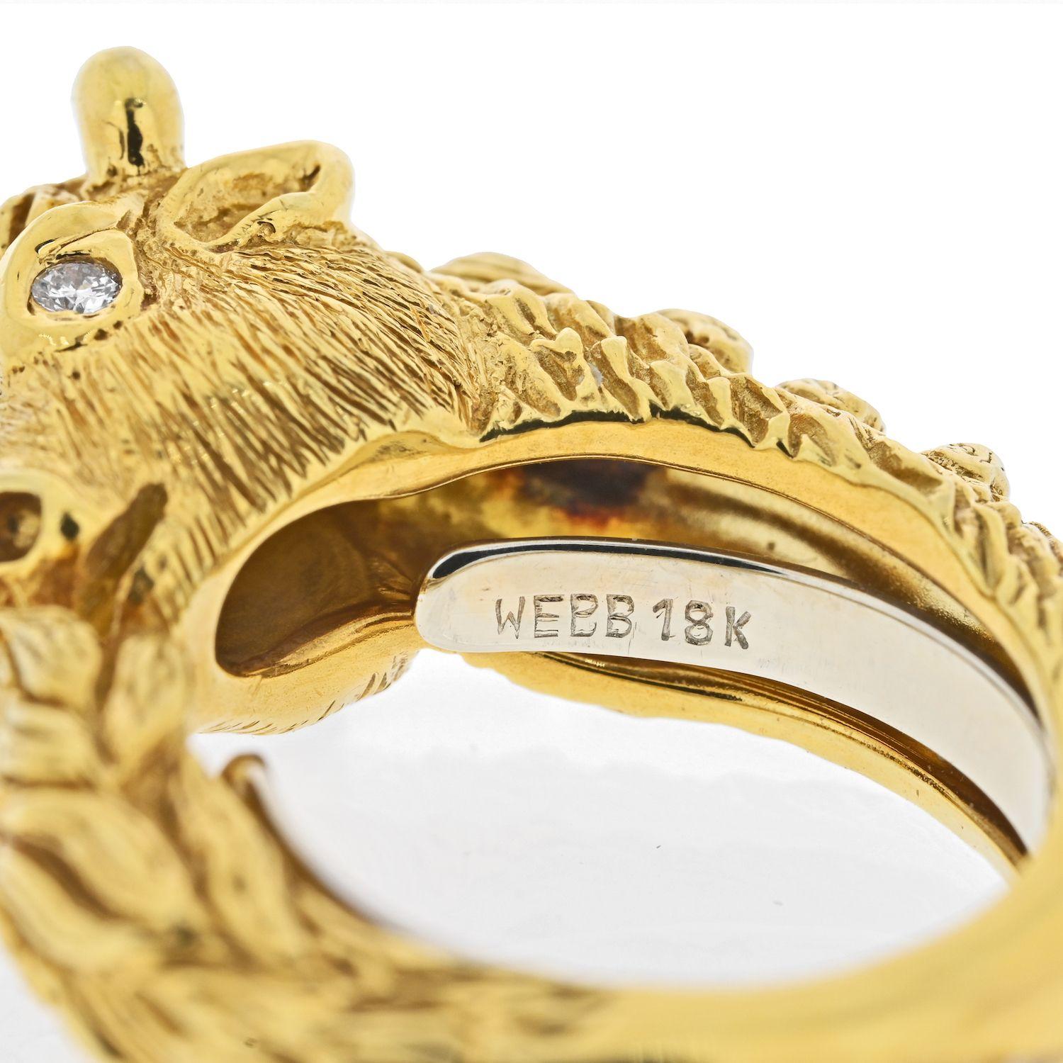 Lovely yellow gold ring from the Kingdom collection is designed in a shape of a bull by David Webb.
Crafted in 18K yellow gold; set with round brilliant-cut diamond eyes; measures 1/2 inch at widest section, 1/2 inch height; ring size approximately