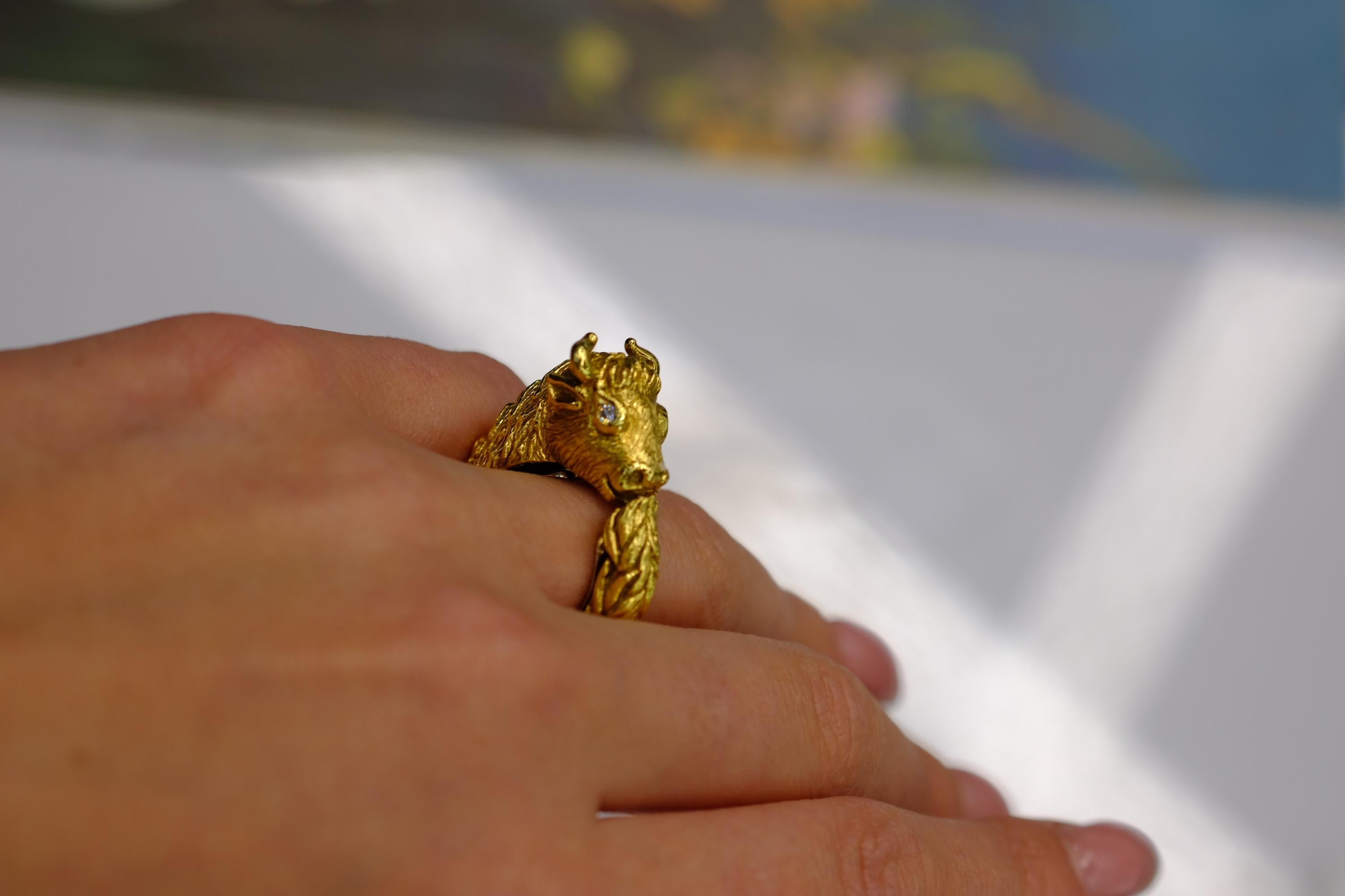 Round Cut David Webb 18K Yellow Gold Baby Bull with Diamond Eyes Ring For Sale