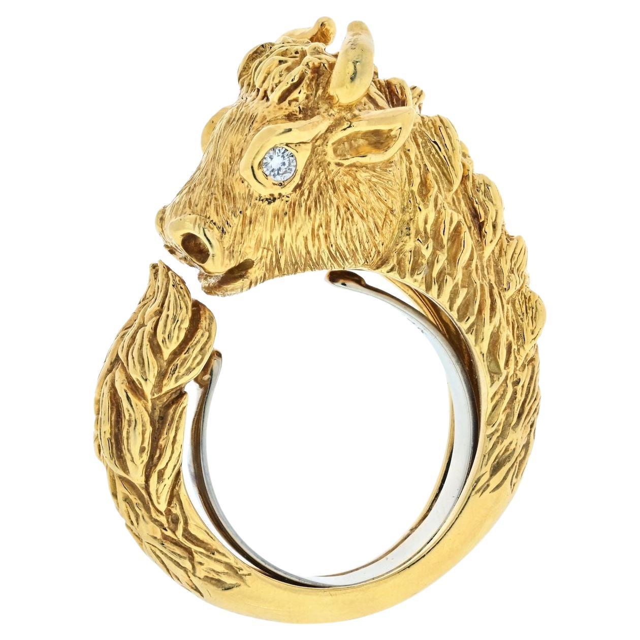 David Webb 18K Yellow Gold Baby Bull with Diamond Eyes Ring For Sale