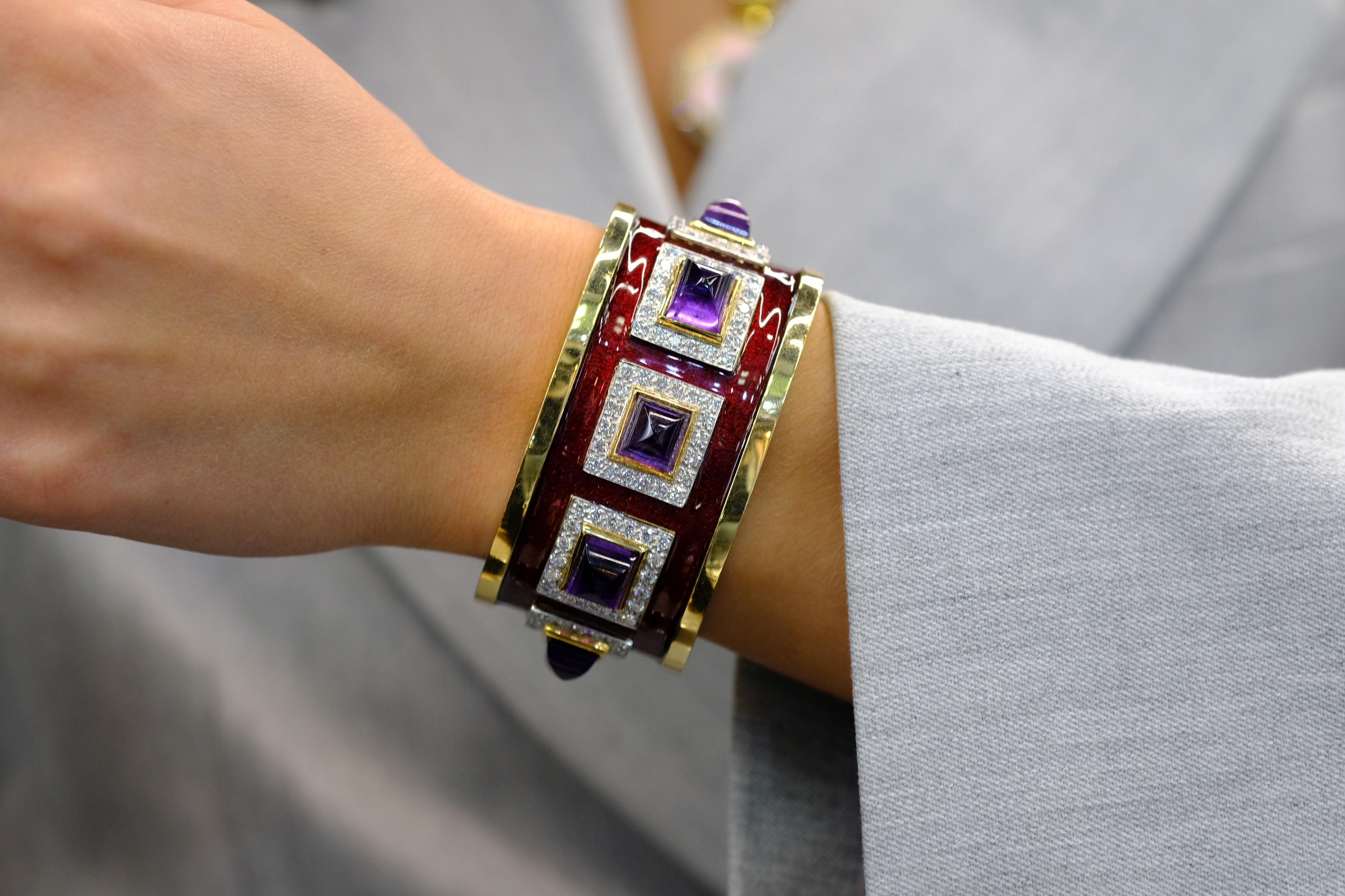 David Webb 18K Yellow Gold Bastille Purple Amethyst Red Enamel Diamond Bracelet For Sale 4