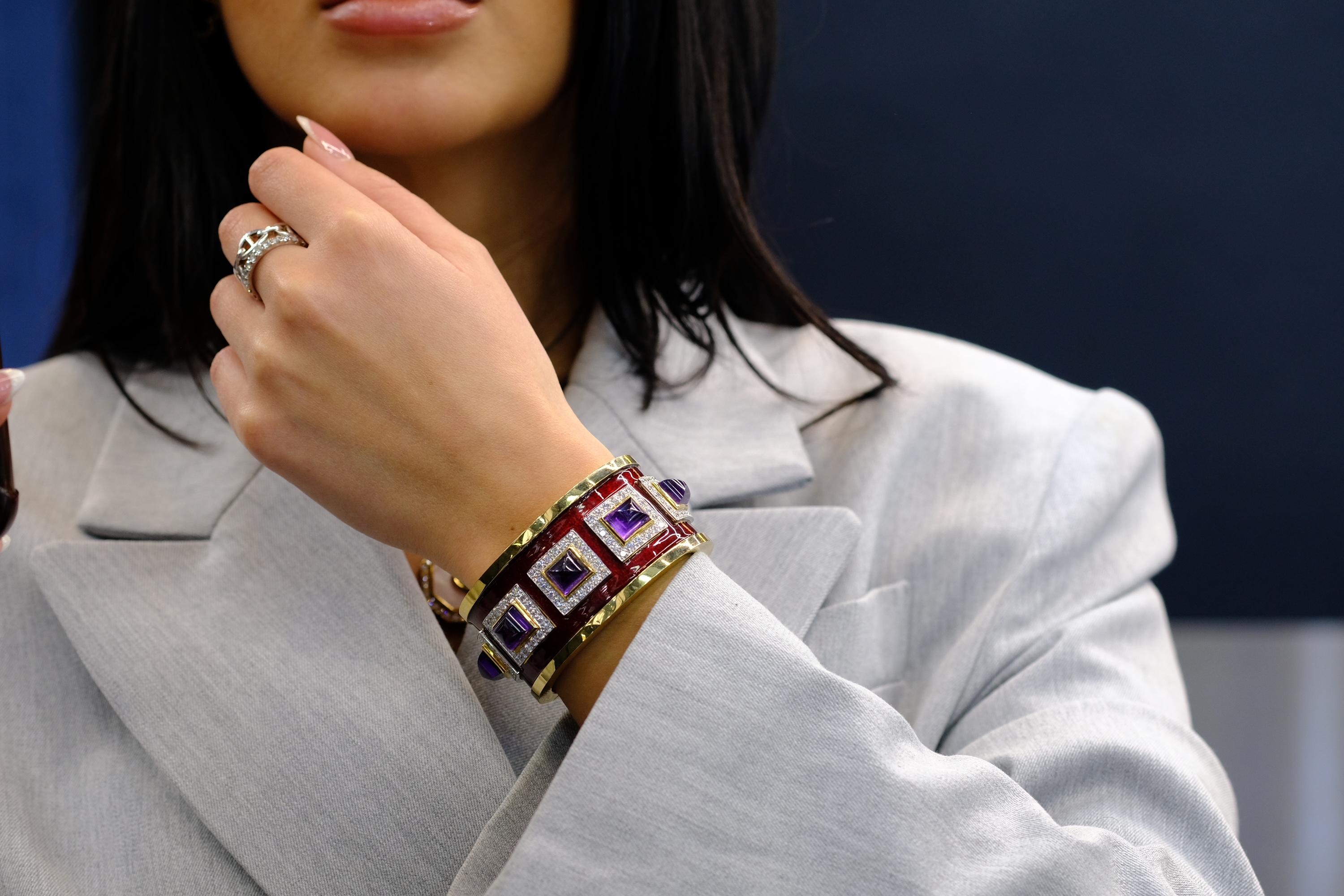 David Webb 18K Yellow Gold Bastille Purple Amethyst Red Enamel Diamond Bracelet For Sale 5