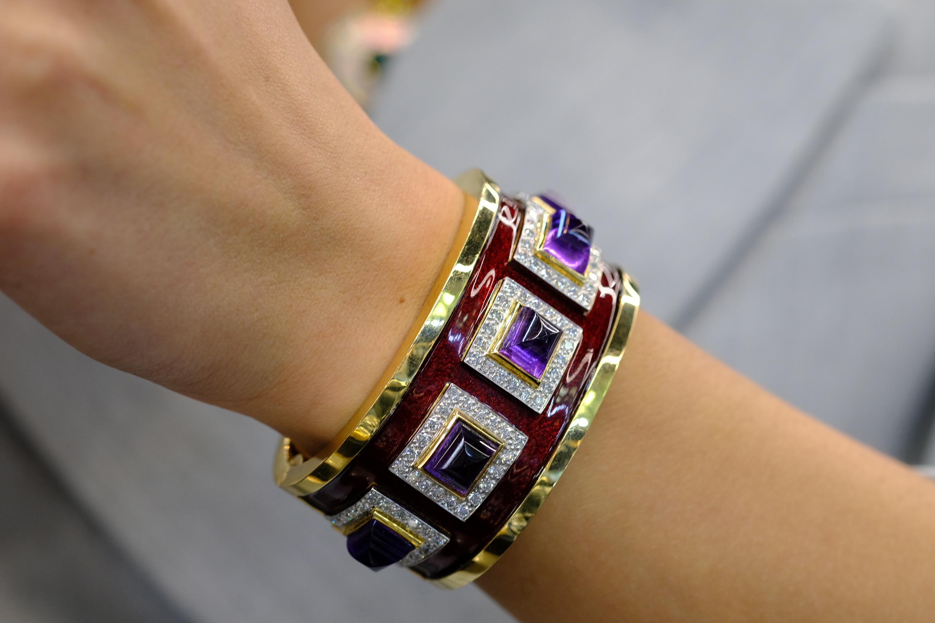 David Webb 18K Yellow Gold Bastille Purple Amethyst Red Enamel Diamond Bracelet For Sale 6