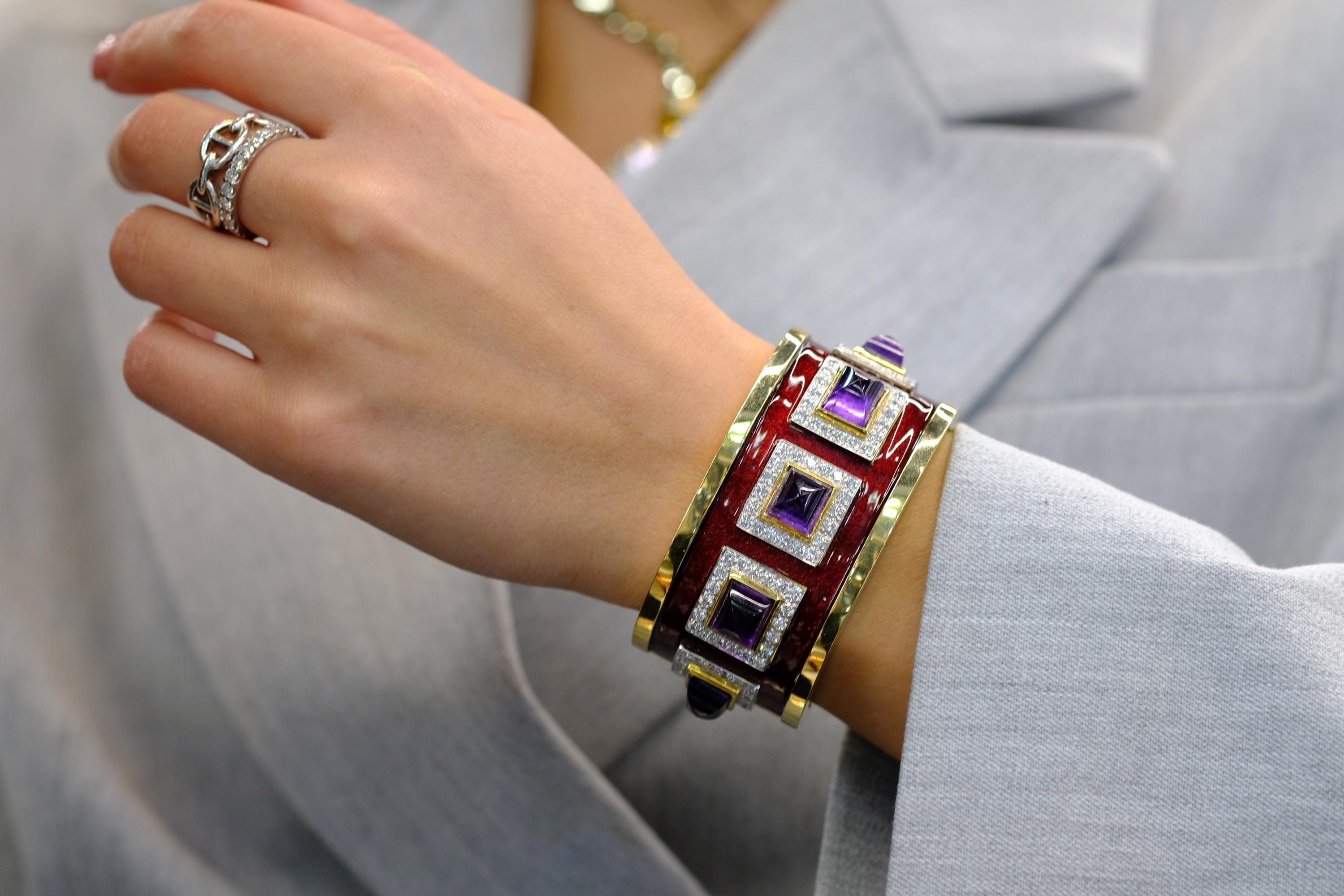 David Webb 18K Yellow Gold Bastille Purple Amethyst Red Enamel Diamond Bracelet For Sale 7