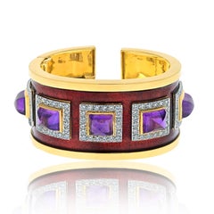 David Webb 18 Karat Gelbgold Bastille Lila Amethyst Rot Emaille Diamant-Armband
