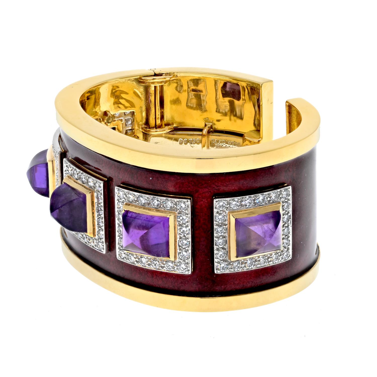 Modern David Webb 18K Yellow Gold Bastille Purple Amethyst Red Enamel Diamond Bracelet For Sale