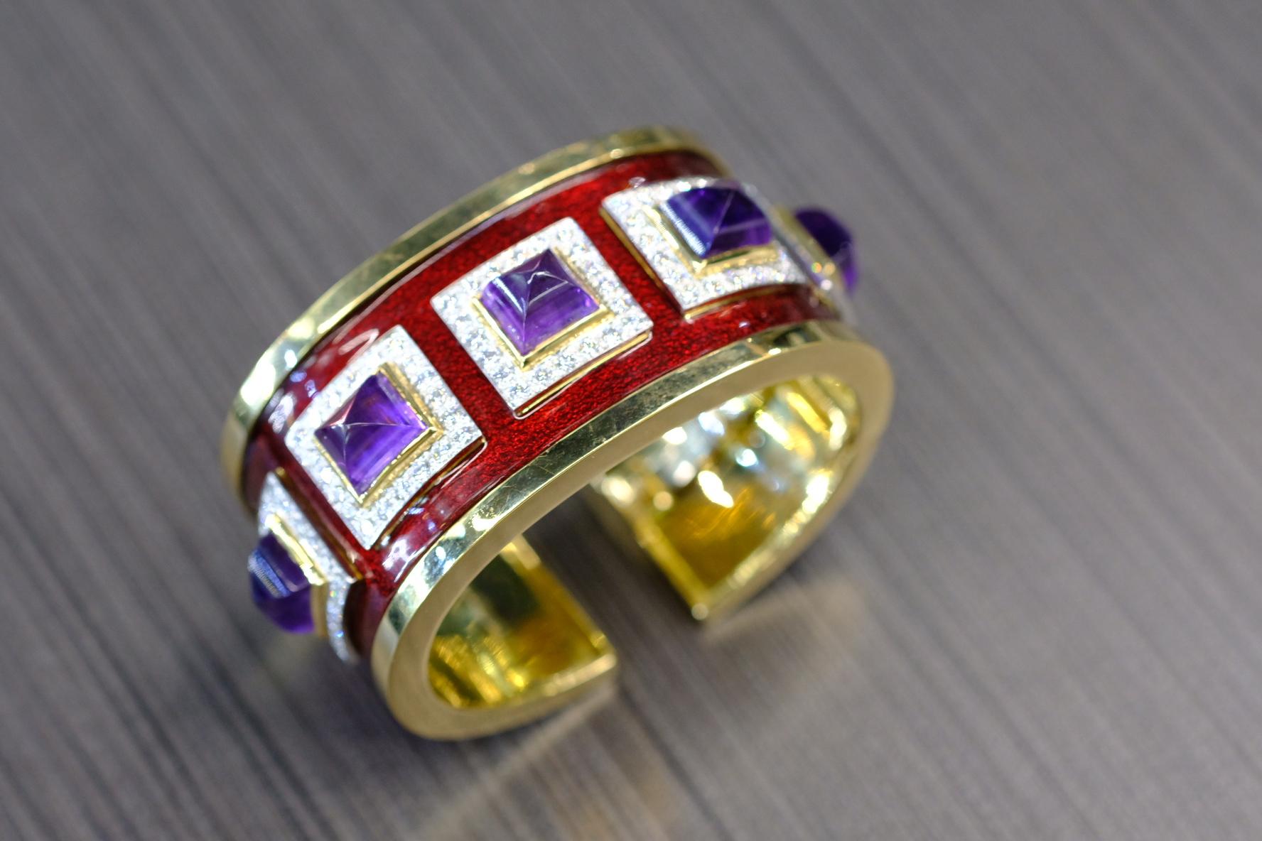 Women's David Webb 18K Yellow Gold Bastille Purple Amethyst Red Enamel Diamond Bracelet For Sale