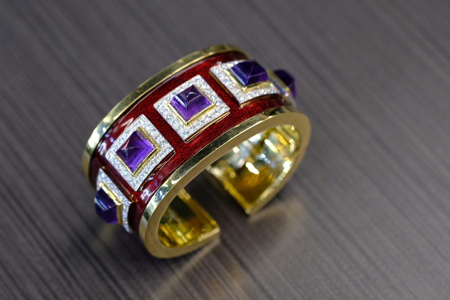 David Webb 18K Yellow Gold Bastille Purple Amethyst Red Enamel Diamond Bracelet For Sale 1