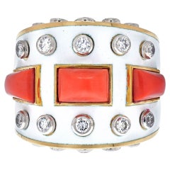 David Webb 18K Yellow Gold Bastille White Enamel Diamond and Coral Ring