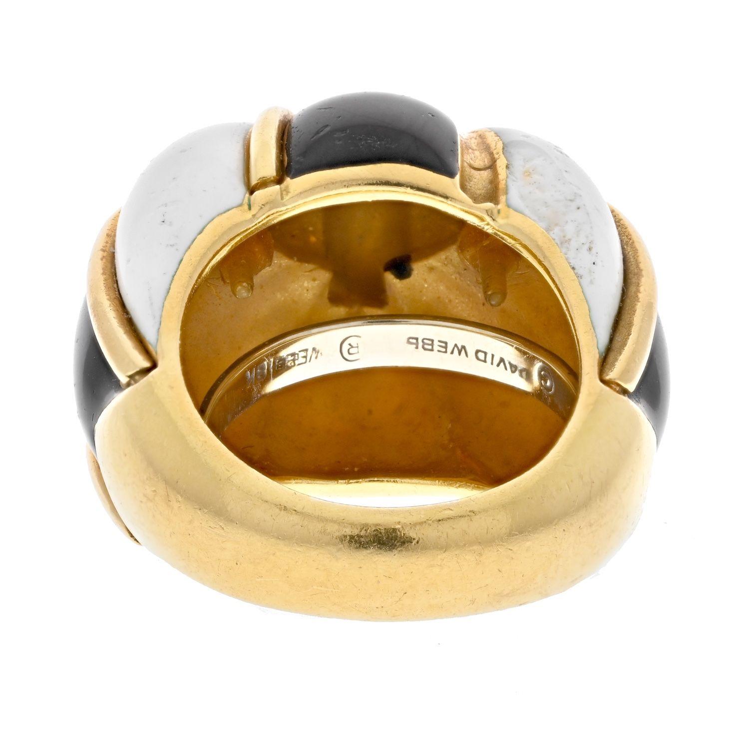 Women's David Webb 18K Yellow Gold Black and White Enamel Bombe Ring For Sale
