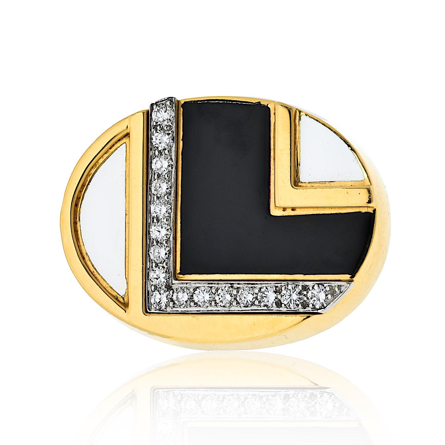 David Goldes, or jaune 18K, bague à motif rétro en émail noir et blanc Excellent état - En vente à New York, NY