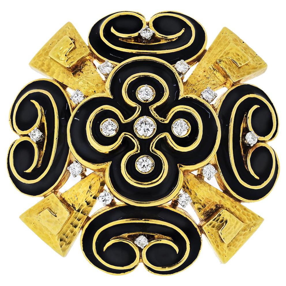 David Webb 18K Yellow Gold Black Enamel, 2.00 Carat Diamonds Heraldic Brooch