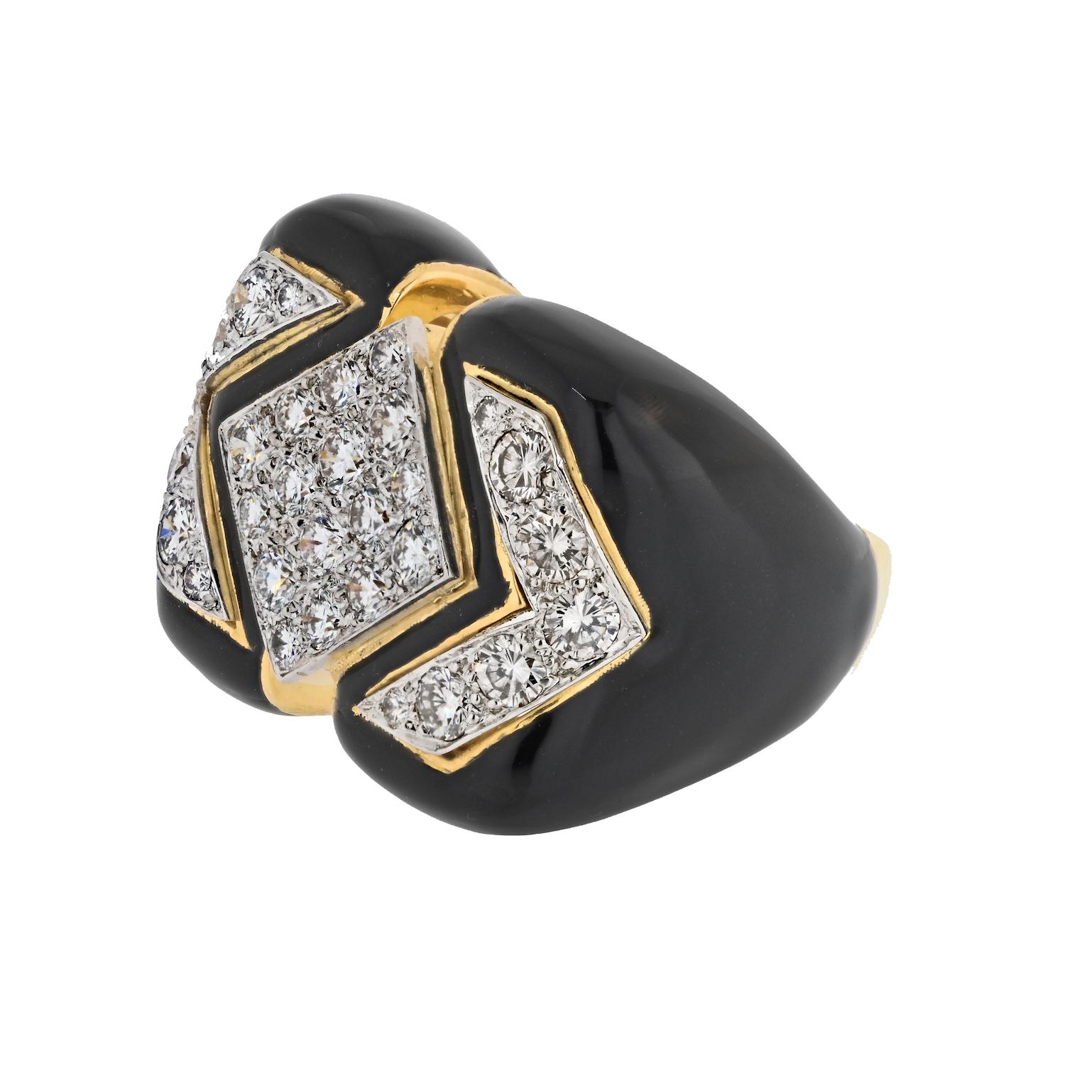 Modern David Webb 18K Yellow Gold Black Enamel And Diamond Cocktail Ring For Sale