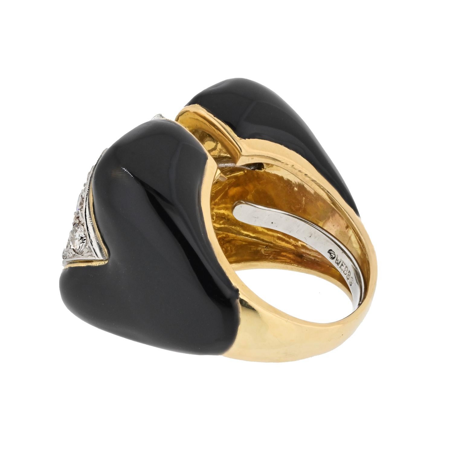 Round Cut David Webb 18K Yellow Gold Black Enamel And Diamond Cocktail Ring For Sale