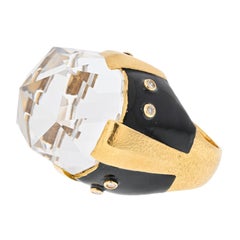 David Webb 18K Yellow Gold Black Enamel and Diamond Rock Crystal Ring