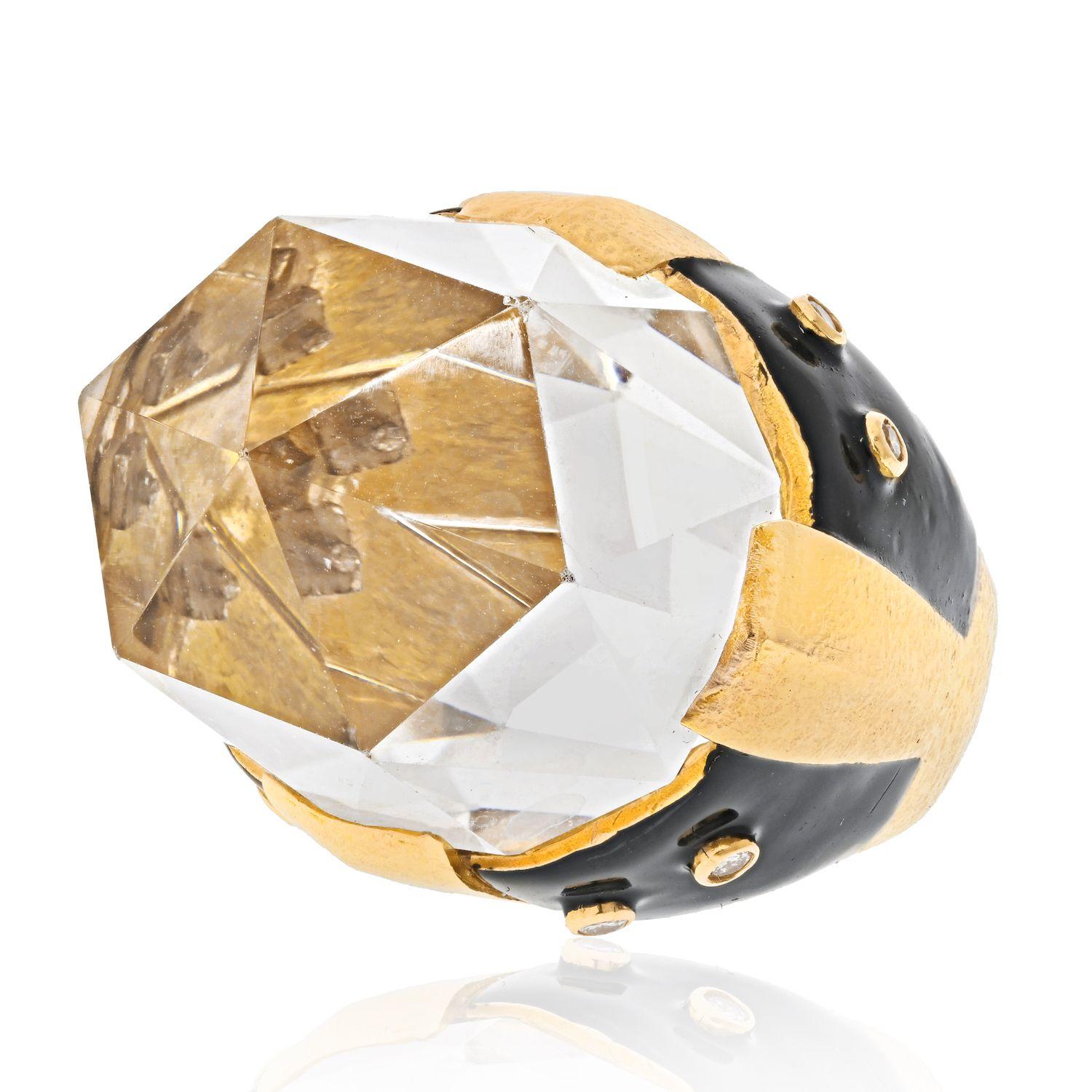 David Webb 18K Yellow Gold Black Enamel and Diamond Rock Crystal Ring For Sale 1