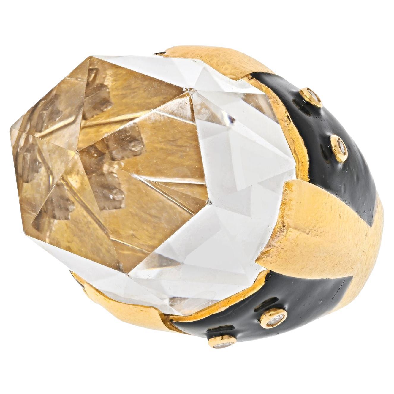 David Goldes, bague en or jaune 18 carats, émail noir et cristal de roche avec diamants