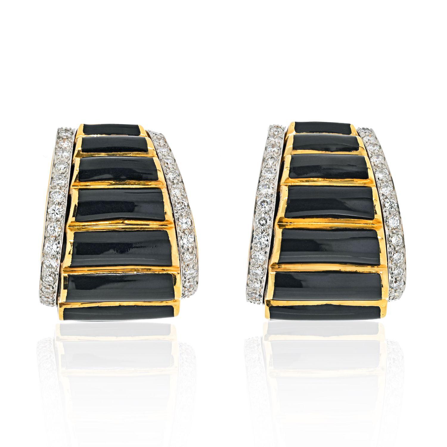 Round Cut David Webb 18K Yellow Gold Black Enamel And Diamond Shrimp Style Clip Earrings For Sale