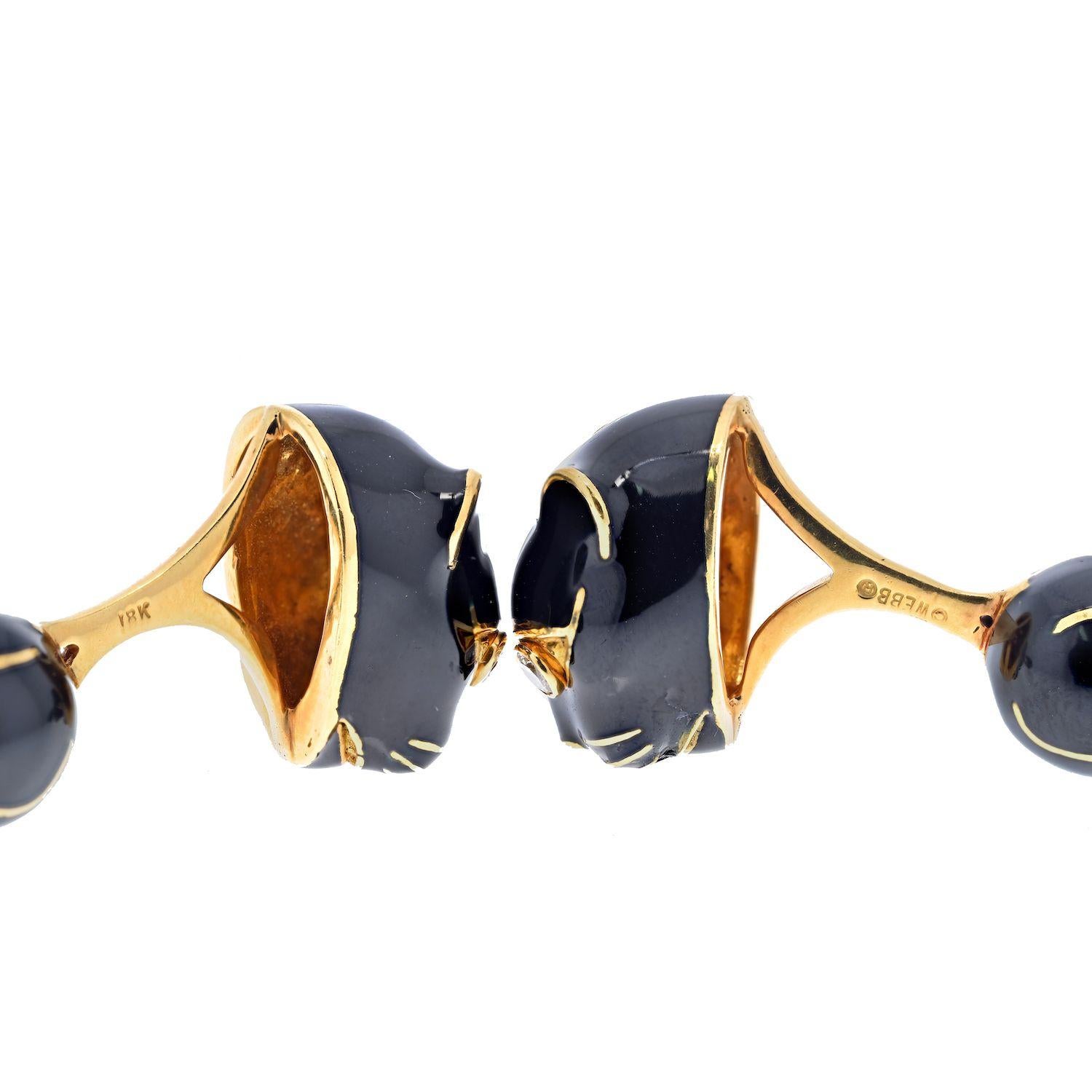 A pair of cufflinks and three studs made in 18K Yellow Gold by David Webb in a shape of black panther heads. Eyes are mounted with round cut diamonds. All of the studs and heads are of a smooth polished finish. 
Bigger Panthers measure: 17mm long x