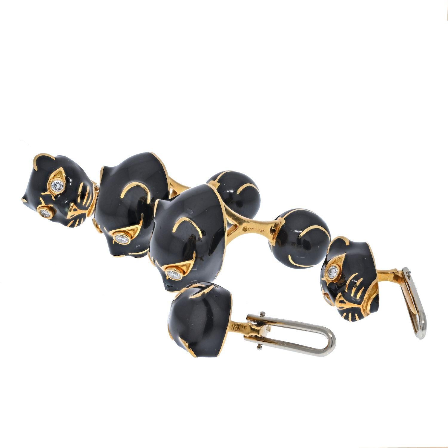 Moderne Ensemble de boutons de manchette et de clous d'oreilles en or jaune 18 carats, émail noir et diamants David Webb en vente