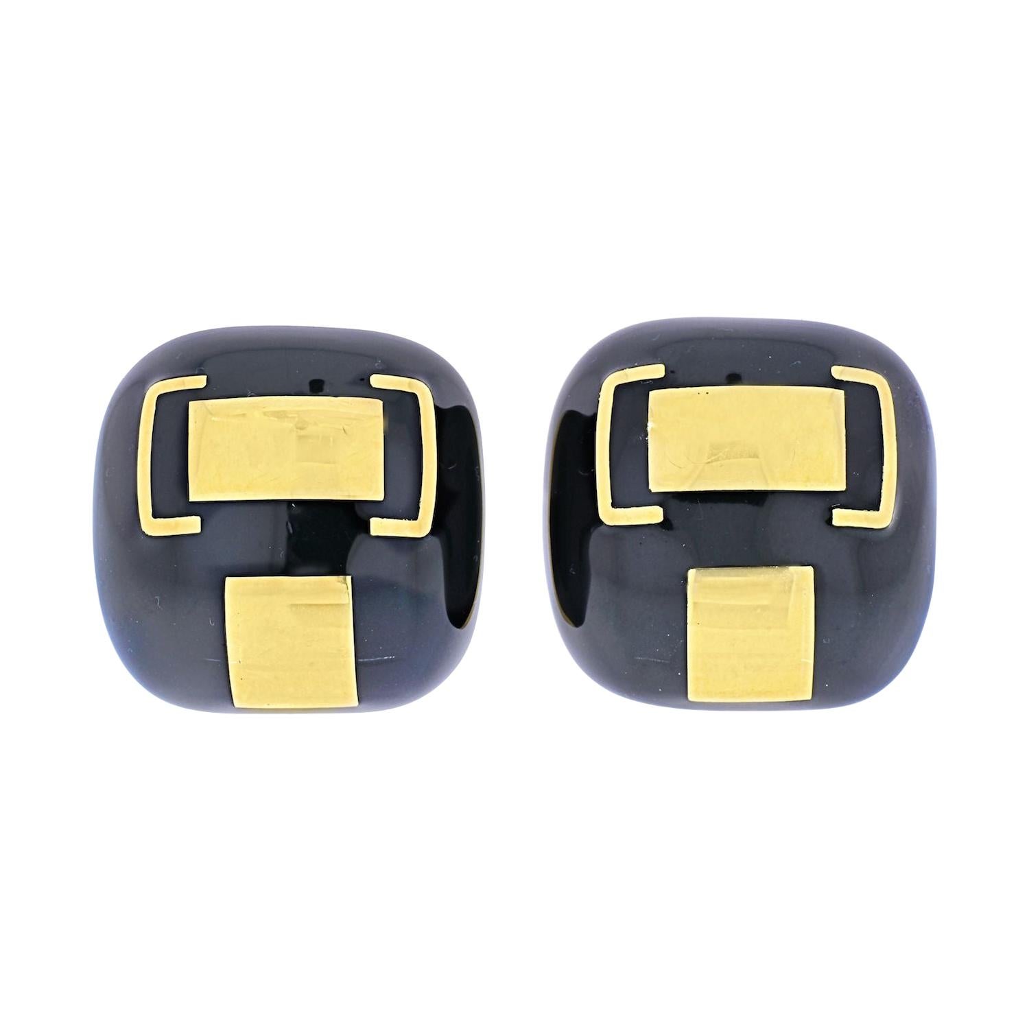 David Webb 18K Yellow Gold Black Enamel Cushion Clip-On Earrings