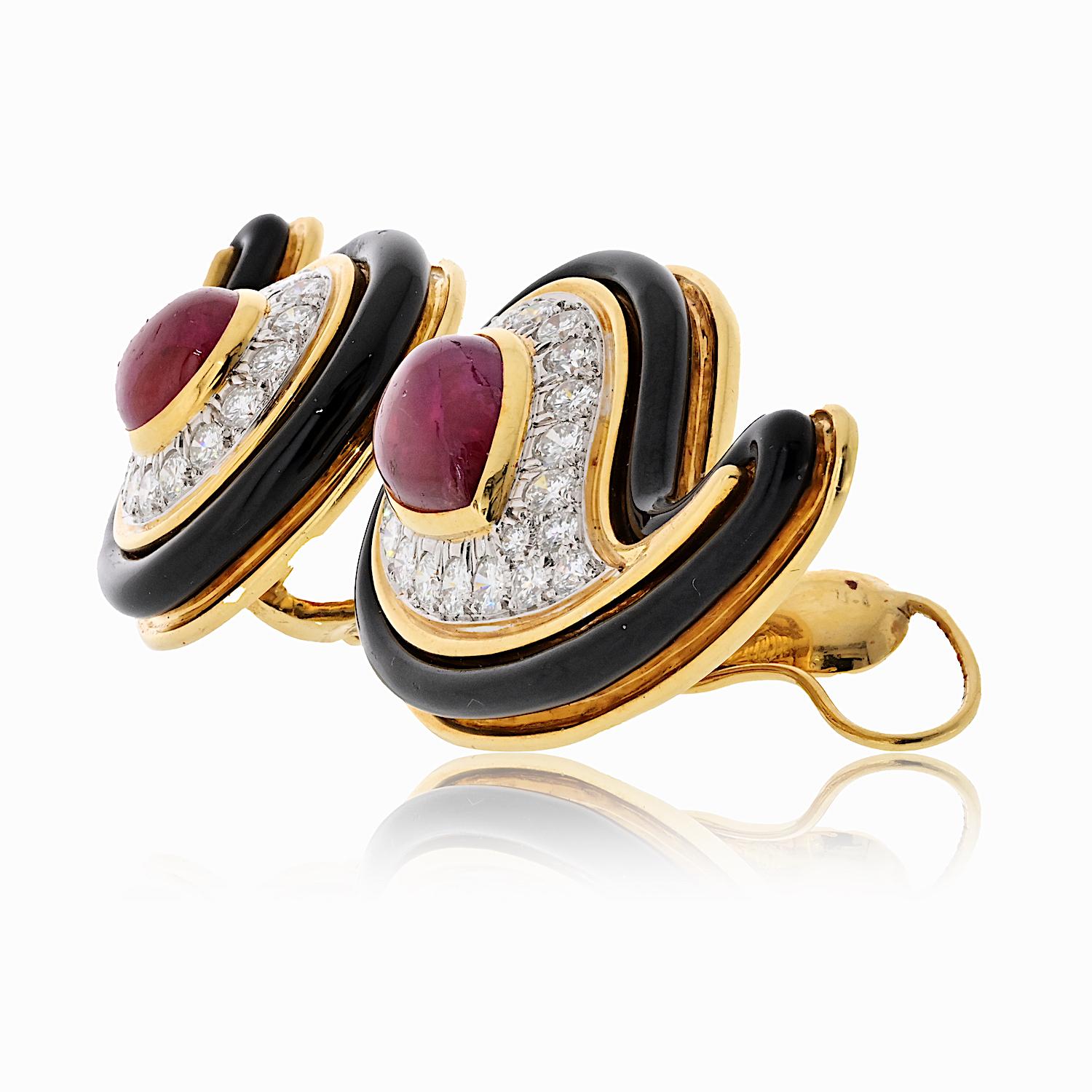 Modern David Webb 18K Yellow Gold Black Enamel Diamond And Ruby Clip On Earrings For Sale