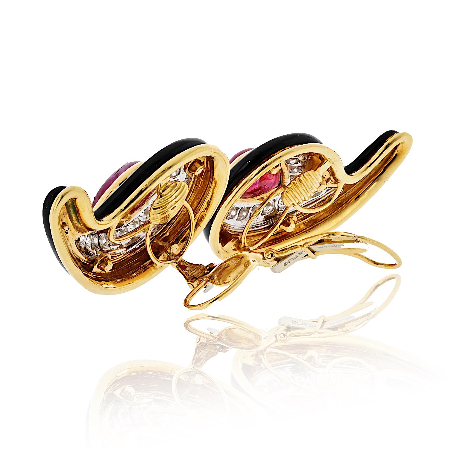 Cabochon David Webb 18K Yellow Gold Black Enamel Diamond And Ruby Clip On Earrings For Sale